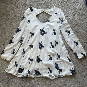 White and Navy Embroidered Free People Dress